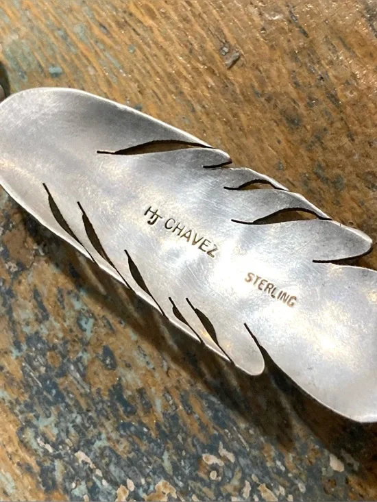 Vintage Sterling Silver HJ Chavez Signed Feather Pendant with Turquoise Accent - Picture 9 of 12